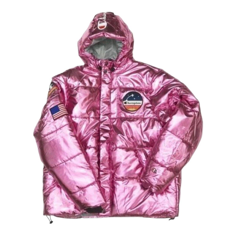Champion x NASA Womens Pink Metallic Puffer Jacket Coat Size L Limited Edition